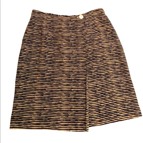 Rena Rowan for Saville faux wrap skirt elegant navy blue & tan knee length sz 10 - Picture 1 of 7